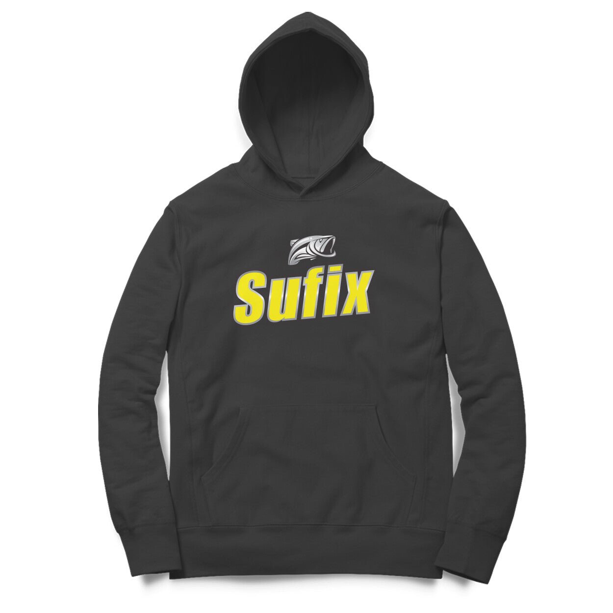 Men's / Woman's Angling Hoodie | Sufix Yellow Logo Front, Fishermanshub.com Behind | Hoodie | Black | - FishermanshubBlackM