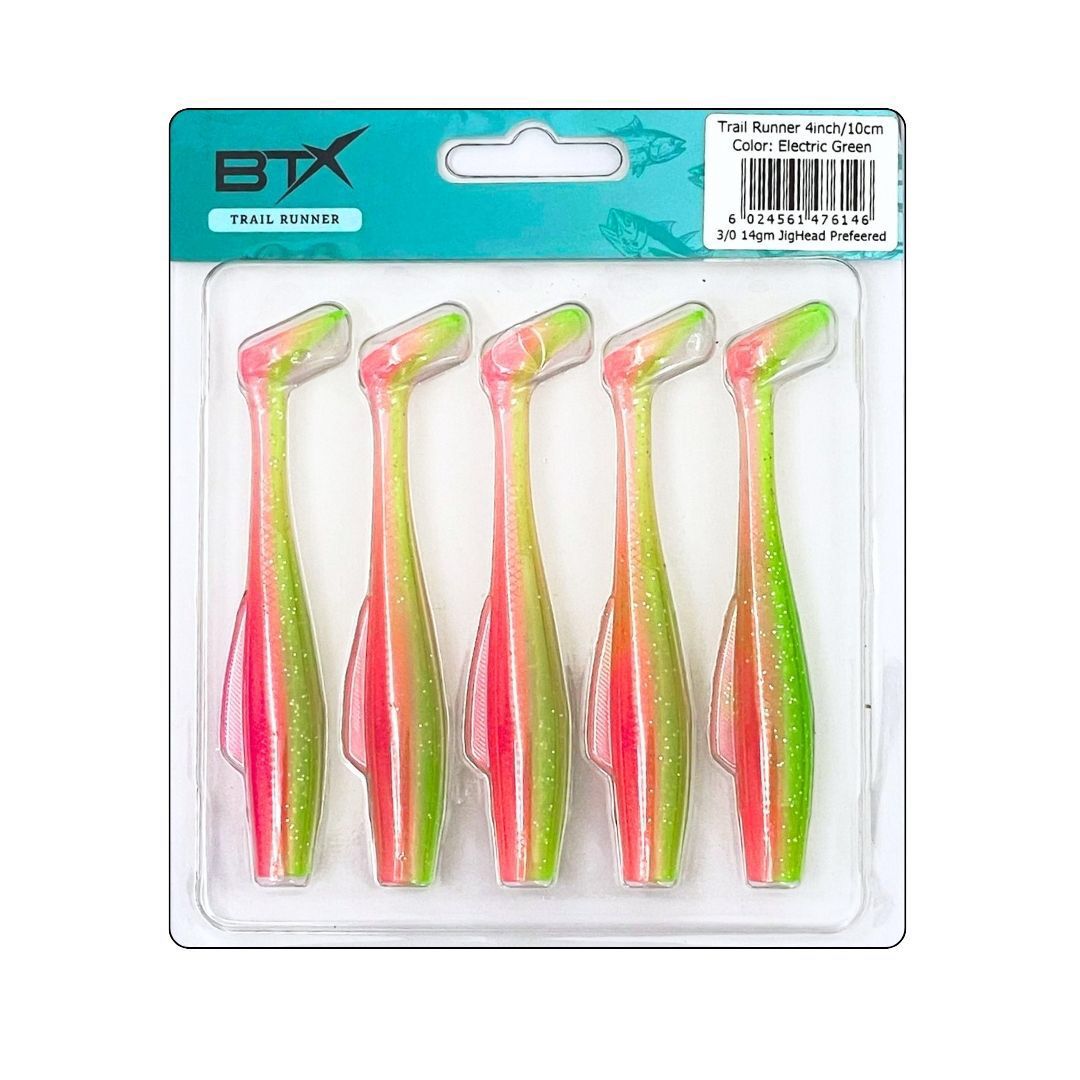 BTX Trail Runner Soft Plastic Baits | 4 Inch | 5 Pcs Per Pack | - FishermanshubElectric Green