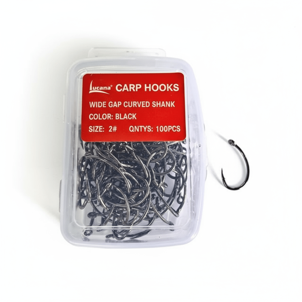 Lucana Wide Gap Curved Shank Carp Hook | Single Curved Eye Hooks | Black | 100 Pcs Per Pack | - Fishermanshub2