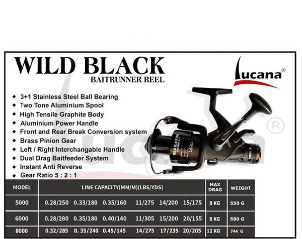 Lucana Wild Black Baitrunner Spinning Reel | Series 6000 , 8000 