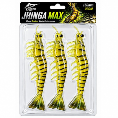 Scaless Jhinga Max Shrimp | 150MM | 23 Gm | 3 Pcs Per Pack |Gold Leopard