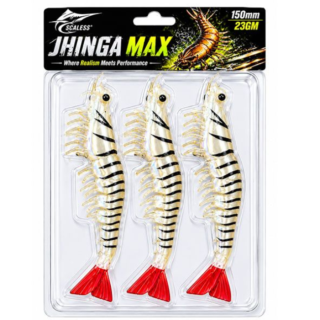 Scaless Jhinga Max Shrimp | 150MM | 23 Gm | 3 Pcs Per Pack | White Tiger