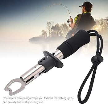 Fish Lip Gripper, Stainless Steel Fish Grabber with Lanyard, Black