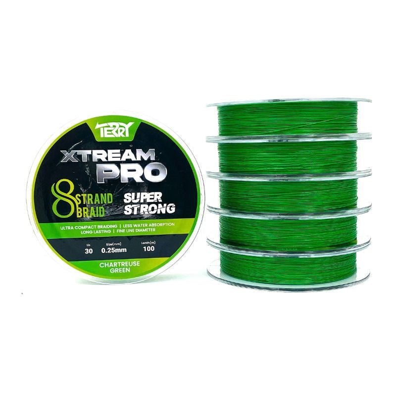 Terry Xtream Pro 8 Strand Braided Fishing Line | 100Mt / 110Yd | Chartreuse Green | 6 Connected Spools | - Fishermanshub0.18MM | 9.07Kg (20Lb)Single Spool