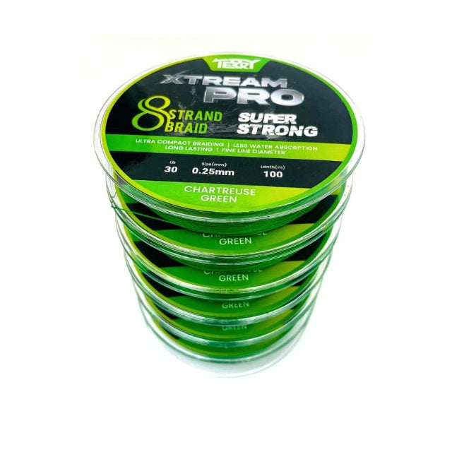 Terry Xtream Pro 8 Strand Braided Fishing Line | 100Mt / 110Yd | Chartreuse Green | 6 Connected Spools | - Fishermanshub0.18MM | 9.07Kg (20Lb)Single Spool