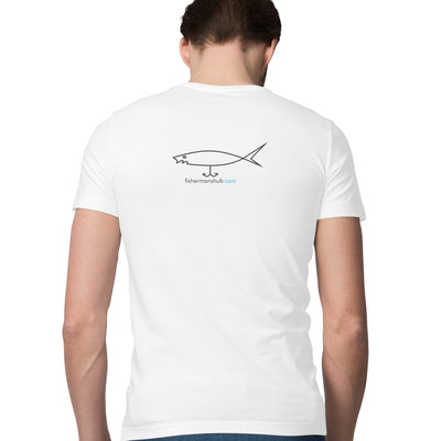 পুৰুষৰ এংলিং টি-চাৰ্টৰ |ফ্ৰন্ট -ডিপ ডাইভিং ফায়াৰ টাইগাৰ লুৰ | পিছনে - Fishermanshub.com লোগো | গোল ডিঙি | চুটি হাতৰ আঁচল |