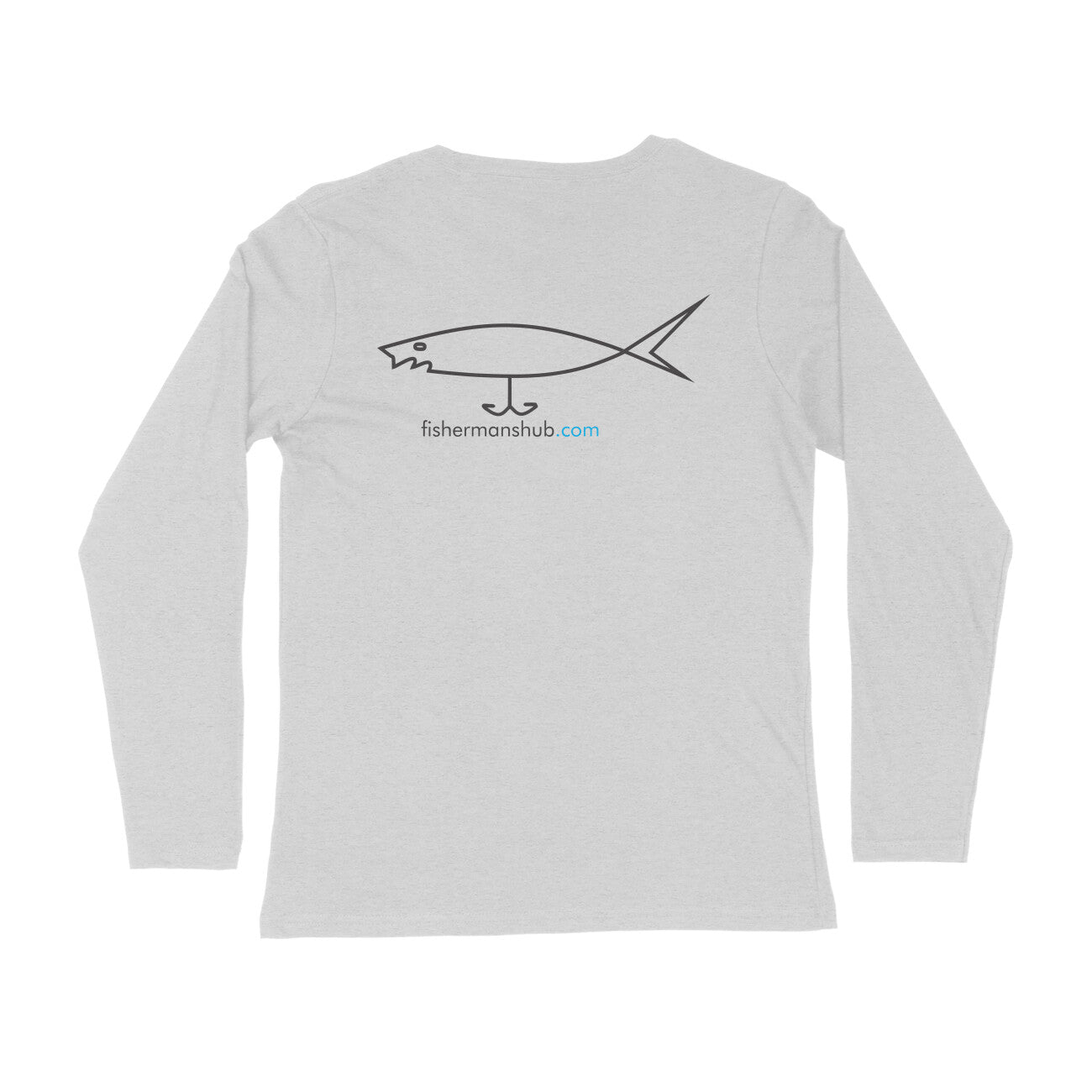 पुरुषों की एंग्लिंग टी-शर्ट | सामने - शांत रहें और मछली पकड़ने जाएं, पीछे -fishermanshub.com लोगो | राउंड गला | लंबी बाजूएं |
