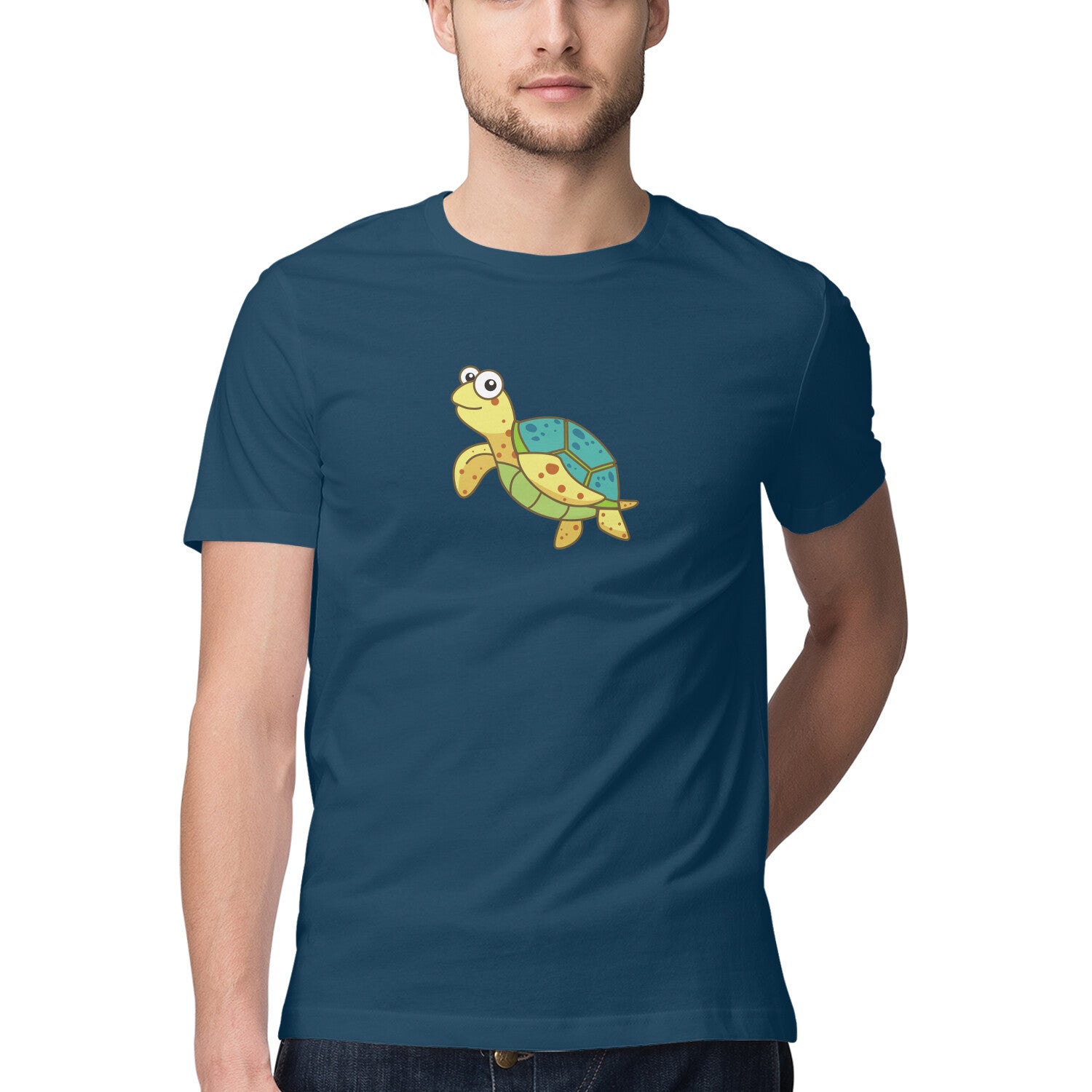 पुरुषों की एंग्लिंग टी-शर्ट | समुद्री जीव टून सीरीज | खुश समुद्री कछुआ | राउंड गला | छोटी बाजू |