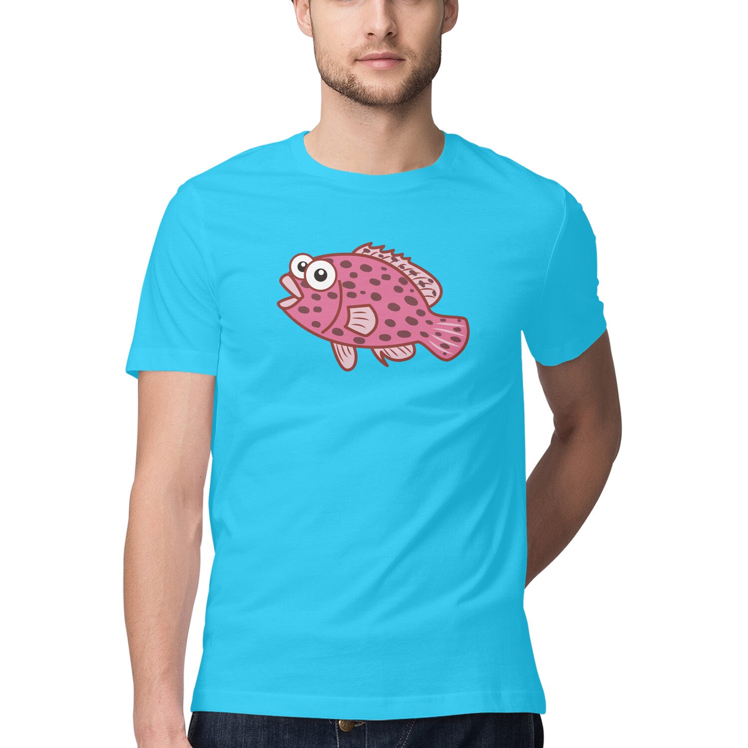 पुरुषों की एंग्लिंग टी-शर्ट | समुद्री जीव टून सीरीज | खुश ग्रूपर| राउंड गला | छोटी बाजू |