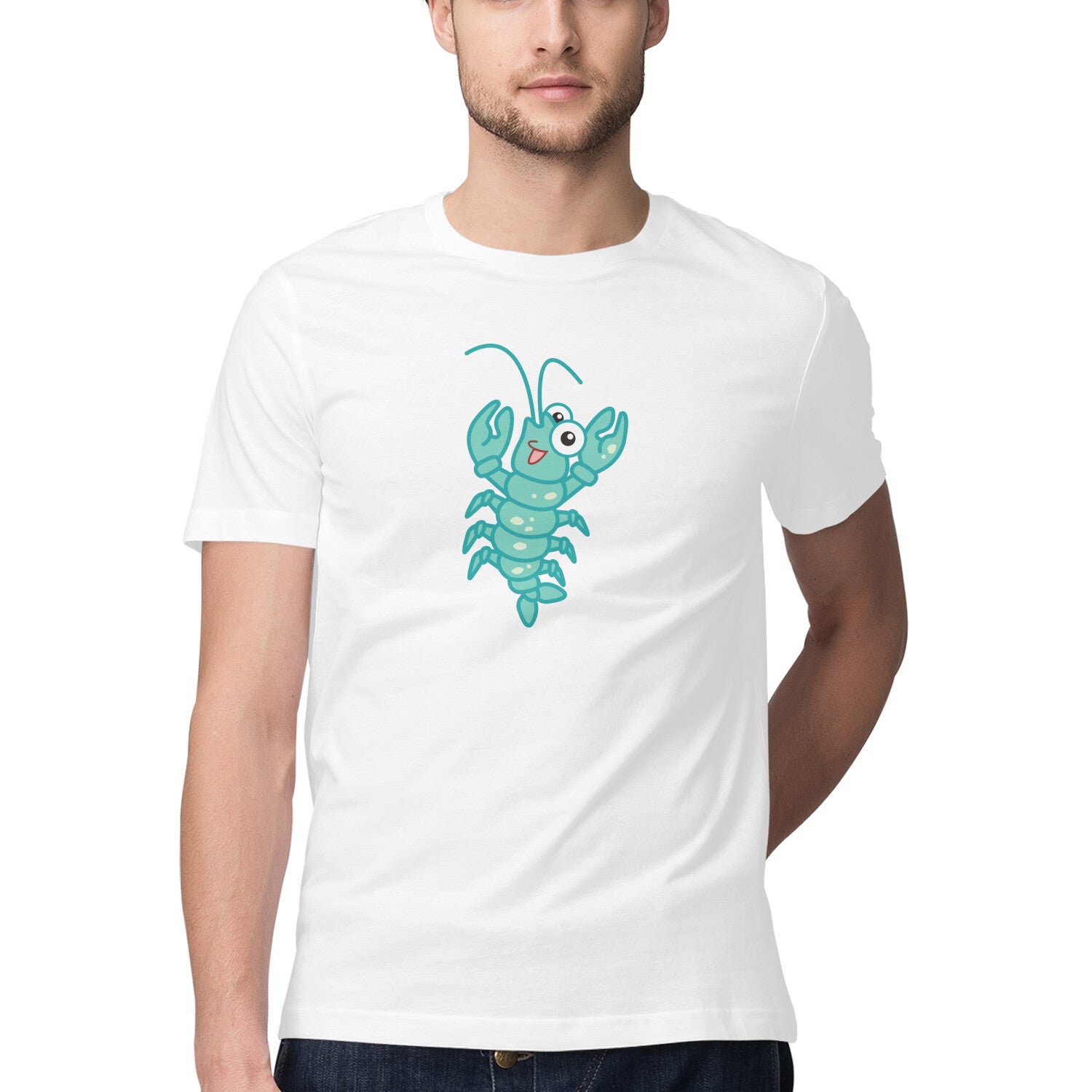 पुरुषों की एंग्लिंग टी-शर्ट | समुद्री जीव टून सीरीज| खुश झींगा | गोल गला |छोटी बाजू |