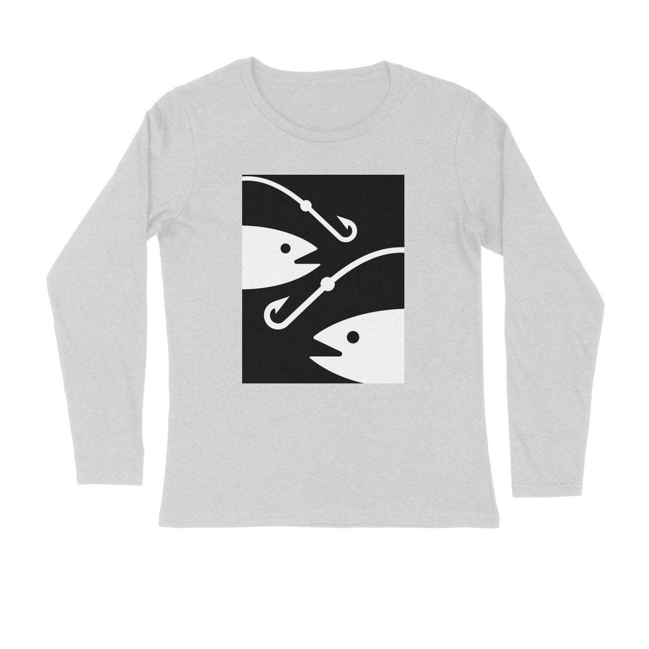 पुरुषों की एंग्लिंग टी-शर्ट | 2 मछलियाँ 2 हुक्स | गोल गला | लंबी बाजूएं |
