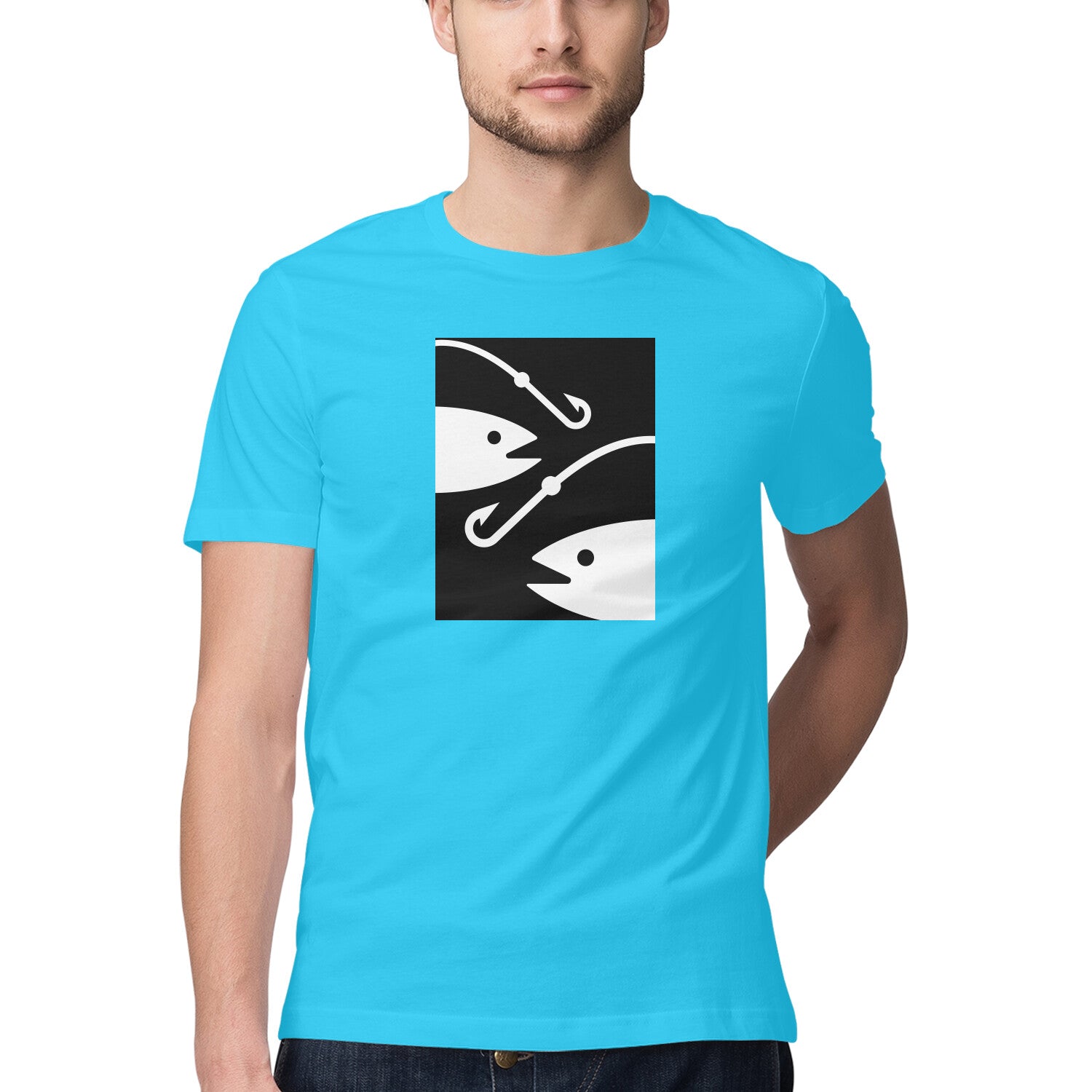 पुरुषों की एंग्लिंग टी-शर्ट | 2 मछलियाँ 2 हुक्स | राउंड गला | छोटी बाजू |