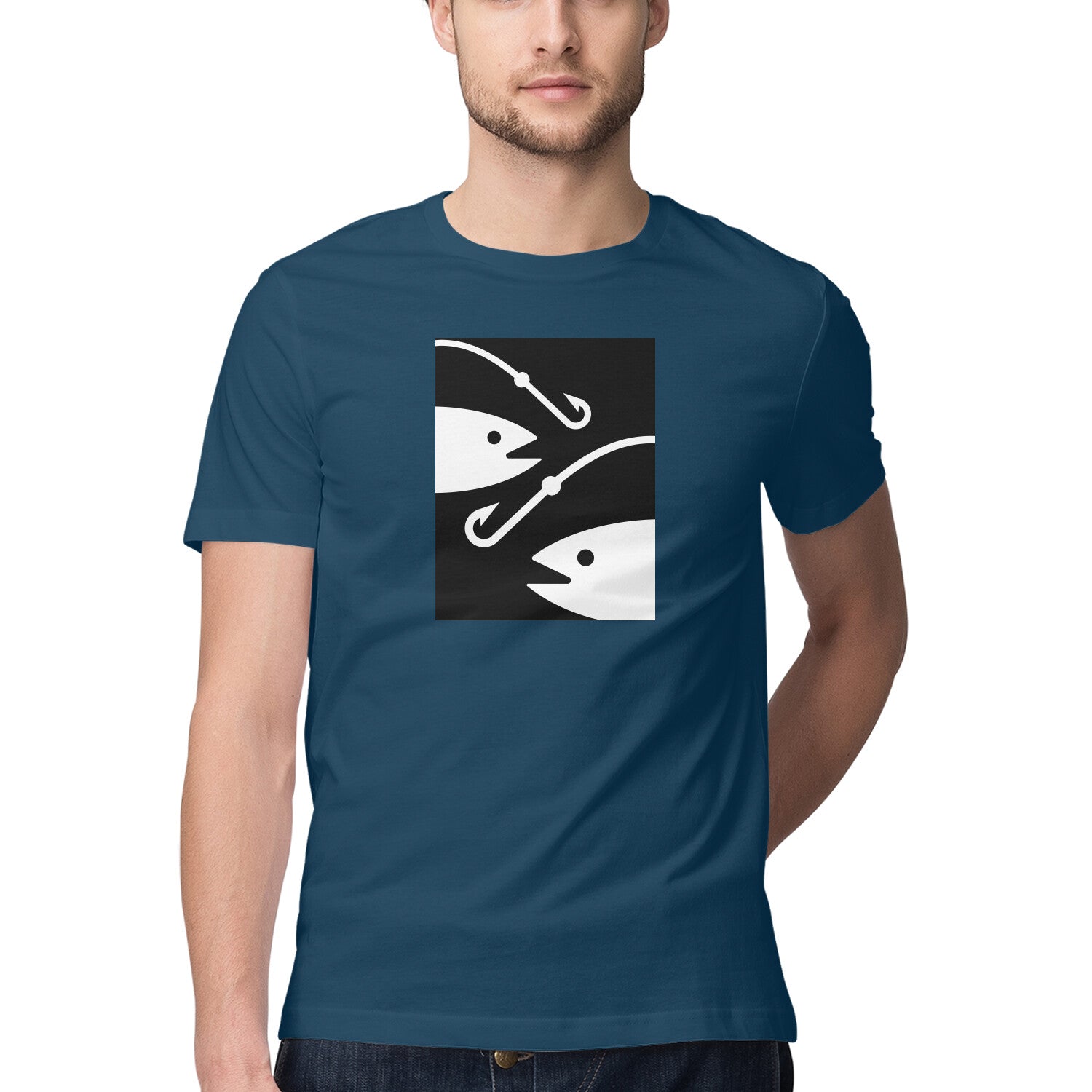 पुरुषों की एंग्लिंग टी-शर्ट | 2 मछलियाँ 2 हुक्स | राउंड गला | छोटी बाजू |