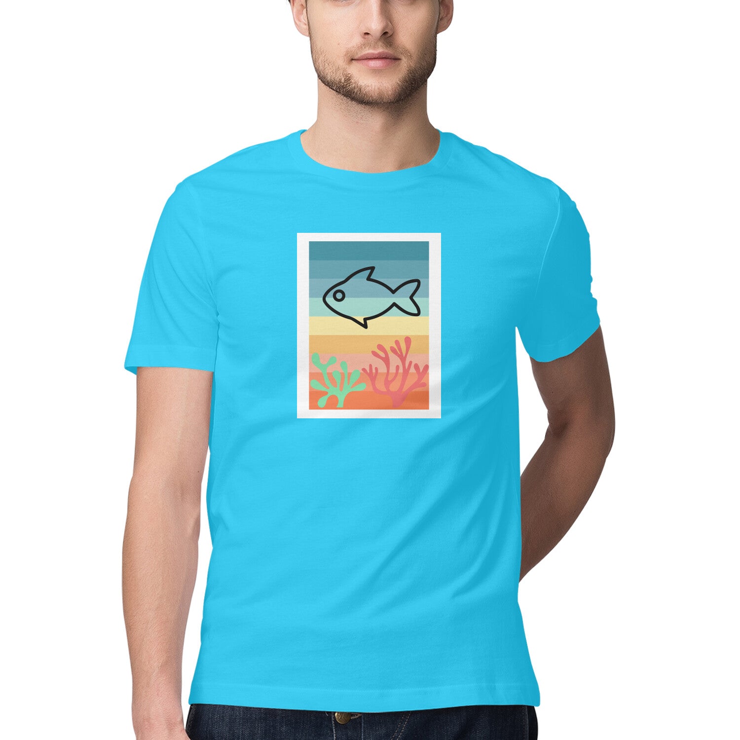 पुरुषों की एंग्लिंग टी-शर्ट | समुद्र श्रृंखला | तैरती मछली | गोल गला | छोटी बाजू |
