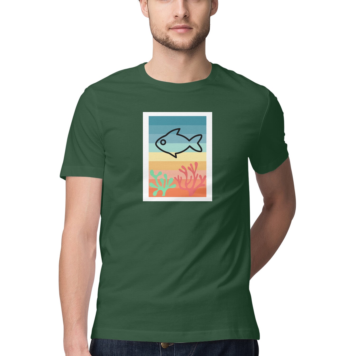 पुरुषों की एंग्लिंग टी-शर्ट | समुद्र श्रृंखला | तैरती मछली | गोल गला | छोटी बाजू |
