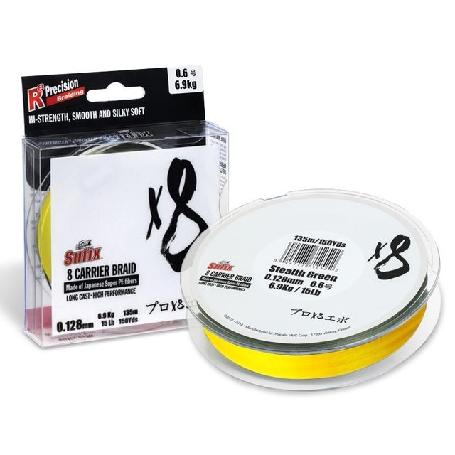 Sufix X8 Carrier Braided Fishing Line | 270 Mt / 300 Yd | Stealth Green | Hot Yellow - fishermanshub0.23MM | 20Kg (44Lb)Hot Yellow