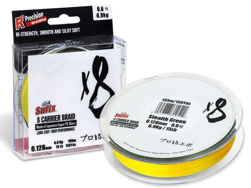 Sufix X8 Carrier Braided Fishing Line | 270 Mt / 300 Yd | Stealth Green | Hot Yellow - fishermanshub0.23MM | 20Kg (44Lb)Hot Yellow