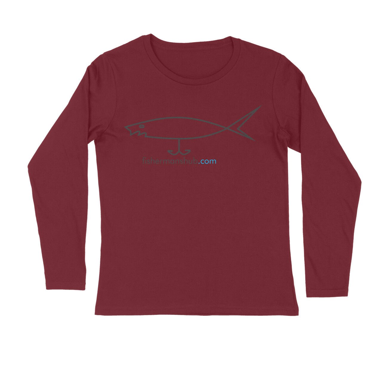 Men's Angling T-Shirts | Fishermanshub.com Logo Front| Round Neck | Long Sleeves | - FishermanshubMaroonS