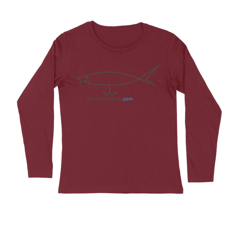 Men's Angling T-Shirts | Fishermanshub.com Logo Front| Round Neck | Long Sleeves | - FishermanshubMaroonS
